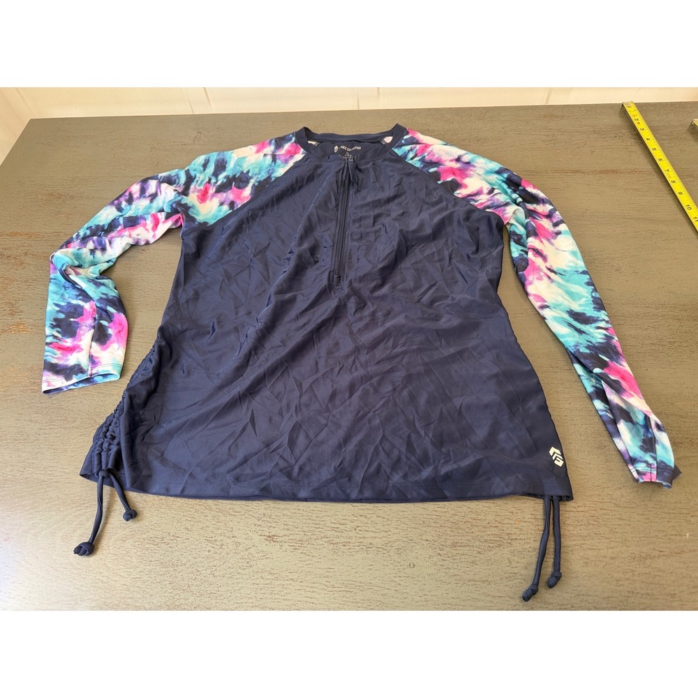 Free Country Womens Rash Guard Navy Tie Dye Long Sleeve Quarter Zip Swim Top L